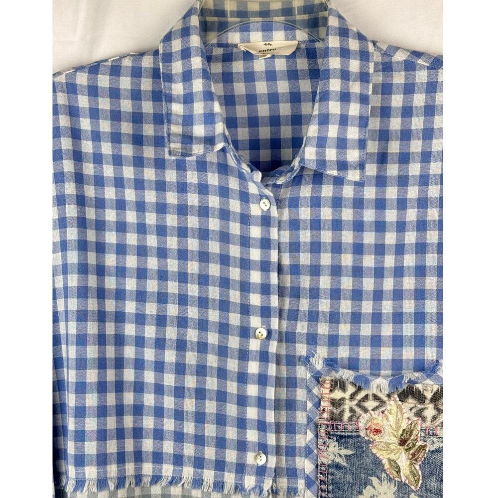 Entro Shirt Womens Large Light Blue Gray Gingham Frayed Raw Hem Visible Mending - Picture 3 of 9